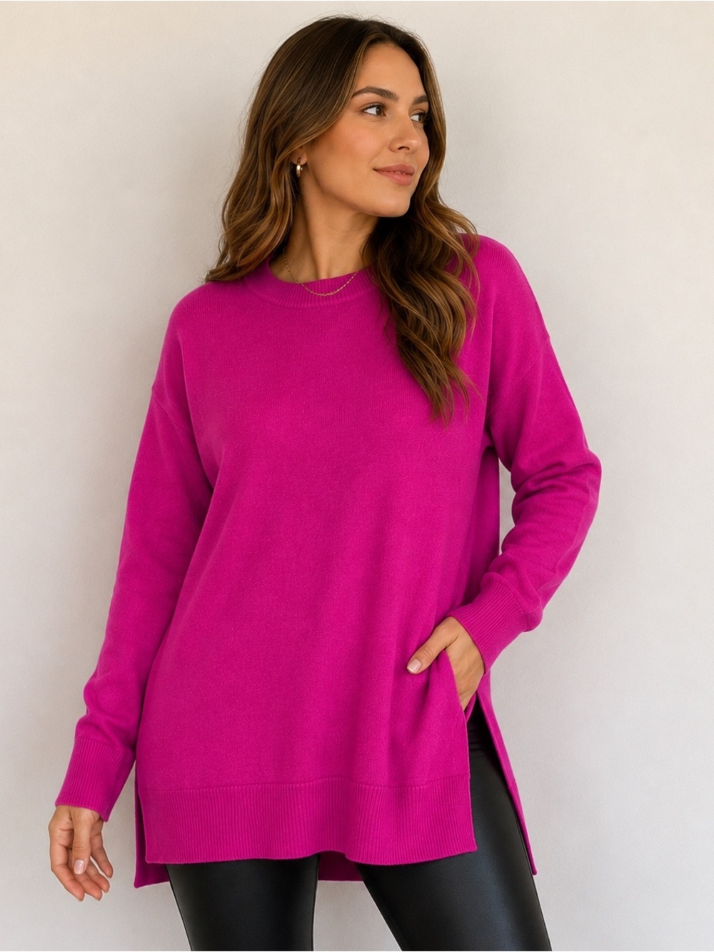 Aqua Cashmere Vibrant Fuchsia Crewneck Sweater